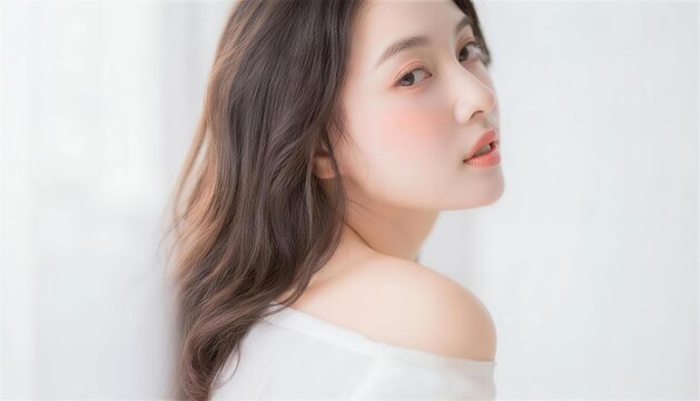 振り返る白い服の女性、背中越しに見せる美しい横顔
