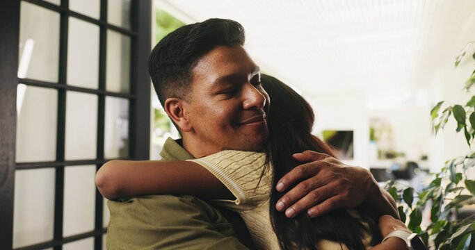 Care, father and hug kid in home for connection, trust and reunion with foster daughter. Adoption, dad and girl embrace in house for thank you, family support and smile with single parent for love