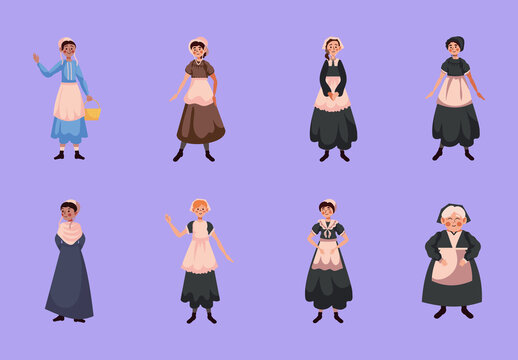 Colorful Amish Woman Costume Female People Illustrations Set