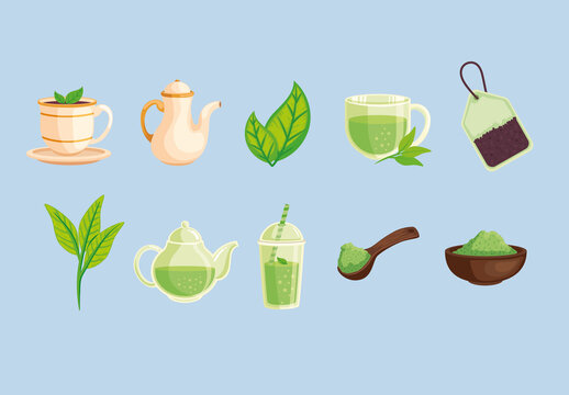 Colorful Matcha Leaf Tea Cup Powder Drink Illustrations Set