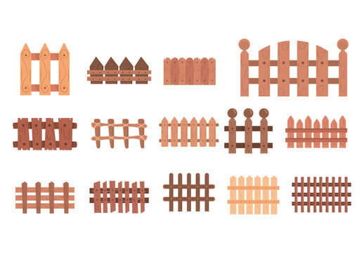 Colorful Fence Garden Rustic Farm Wooden Illustrations Set
