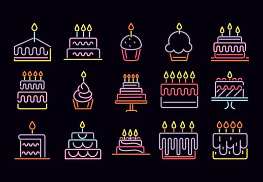 Colorful Cake Birthday Party Neon Illustrations Set