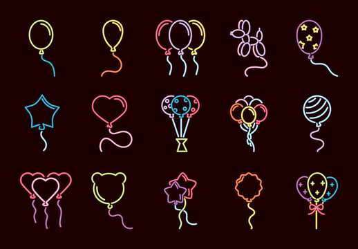 Colorful Balloon Party Neon Celebration Helium Illustrations Set