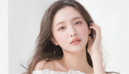 髪を耳にかける白い服の女性、優雅で洗練された雰囲気のポートレート