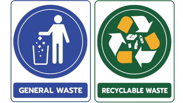 Two waste signs indicating general and recyclable waste disposal options