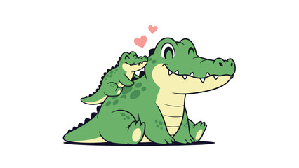 Obraz premium Cute crocodile parent and baby character illustration with pink hearts on a white background for family or nursery themed designs.