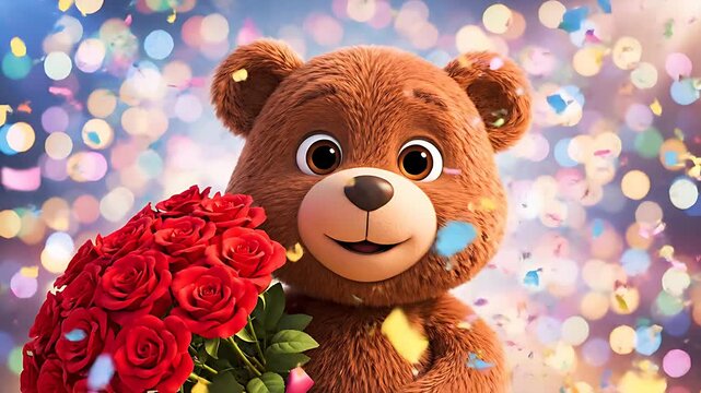 Adorable animated brown teddy bear character holding a vibrant bouquet of deep red roses celebrates a joyful occasion amidst sparkling colorful confetti.