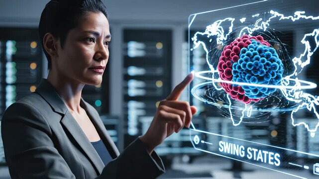 Professional businesswoman analyzing political swing states data on futuristic holographic globe interface in high-tech command center server room