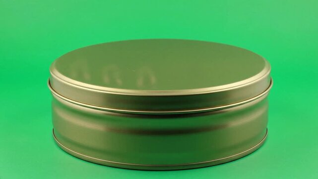 Blank round metal tin with lid against a vibrant green background, perfect for product packaging mock-ups or small item storage