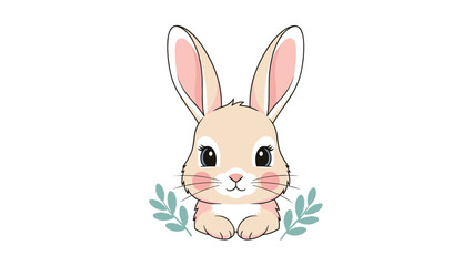Fototapeta premium Cute kawaii bunny rabbit character with long ears and green leaves on a white background for easter or baby nursery decorations.