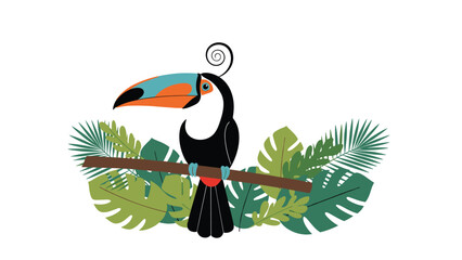 Obraz premium Toucan bird perched on a wooden branch with tropical leaves on a white background for exotic jungle or nature themed wall decor prints.