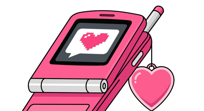 Y2K Pink Flip Phone with Heart Charm Vector