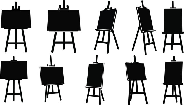 A collection of black art easels in various positions depicted as a simple silhouette on transparent background high quality professional detailed