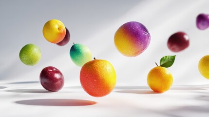 Fototapeta premium collection of abstract surreal rainbow fruits floating in minimal white space in high fashion editorial spread art style