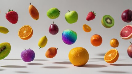 collection of abstract surreal rainbow fruits floating in minimal white space in high fashion editorial spread art style