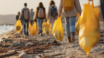 Community beach cleanup group people collecting waste,  environmental awareness, sustainable action concept