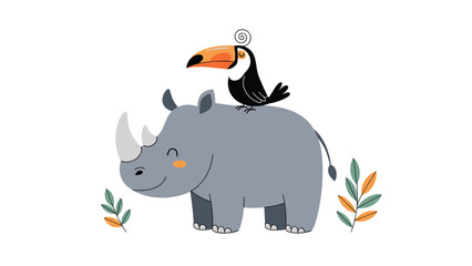Obraz premium Whimsical illustration of a friendly rhinoceros carrying a colorful toucan on its back surrounded by tropical leaves art.