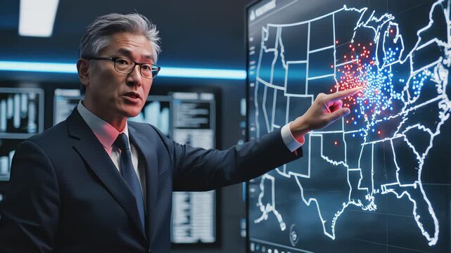 Middle-aged Asian male analyst in suit pointing at US map with red and blue data points on high-tech digital screen in control room