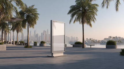 White blank billboard sign with palm trees in urban outdoor setting