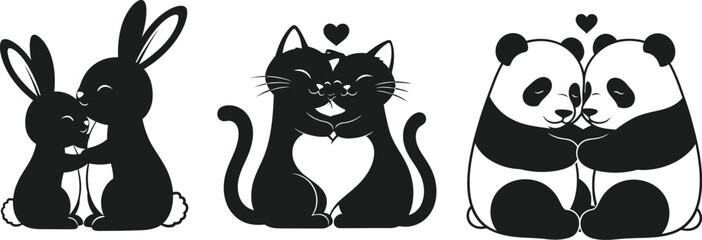 A charming illustration depicts a rabbit cat and panda embracing creating a heartwarming scene on transparent background silhouette high quality professional © mrvect02