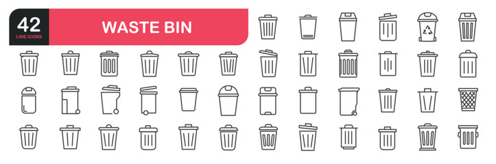 Set of line icons related to waste basket, trash can, recycle bin. Outline icons collection. Editable stroke. Vector illustration