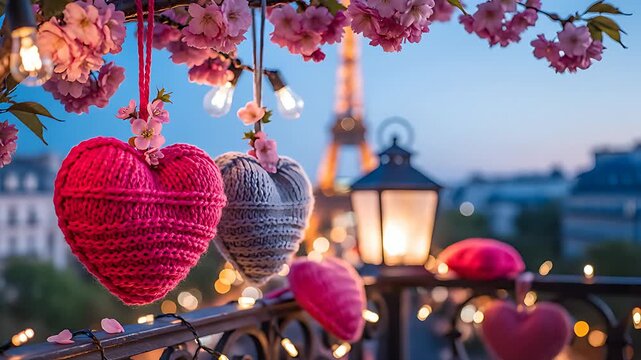 Romantic Parisian balcony setting features woven heart decorations suspended beneath blooming cherry blossoms with ambient string lights illuminating the scene.