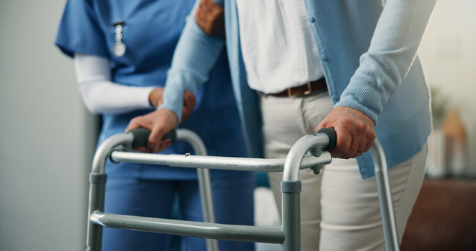 Balance, hands and walking frame of old person with nurse in home living room for rehabilitation. Assistance, mobility steps and walker of senior woman with caregiver in apartment for healing