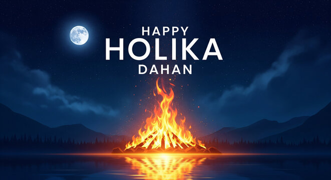 Wallpaper for holika dahanwith a large vibrant bonfire at night with dark blue tones