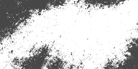 Fototapeta premium Abstract black ink splat and grunge splatter texture vector design featuring a dirty paint spray pattern with a dark liquid stain border on a white paper background illustration