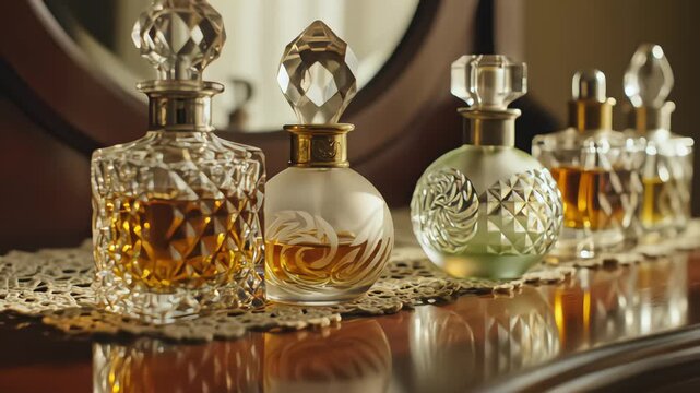 An exquisite collection of vintage crystal perfume bottles and decanters sits on a lace doily on a polished wooden vanity, reflecting elegantly