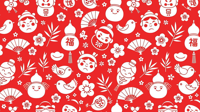 Chinese New Year Symbols and Icons Pattern.