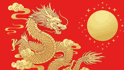 Obraz premium Golden Dragon Illustration with Moon.