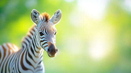 Fototapeta premium A beautiful close-up of a zebra against a blurred green background, showcasing its striking stripes and serene expression.