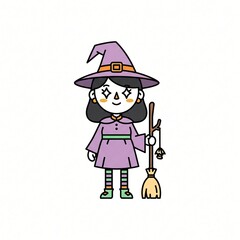 Cute cartoon of a witch holding a broom, vector illustration on a solid white background