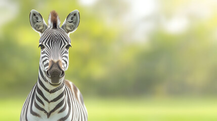 Fototapeta premium A close-up of a zebra in a lush green setting, showcasing its distinctive black and white stripes in a serene environment.