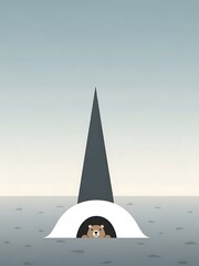 Cartoon bear at a den entrance with minimalist design and copy space