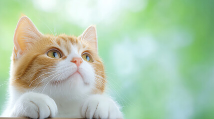 A serene portrait of a curious orange and white cat gazing thoughtfully into the distance with soft green bokeh in the background.
