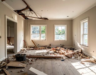 A room in disarray with debris scattered across the floor