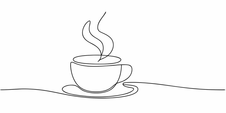 A single continuous line drawing of a steaming cup of coffee