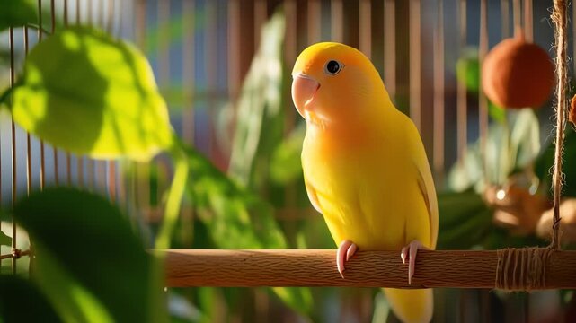Yellow Parrot Sitting on Cage Perch.