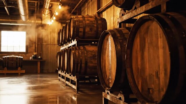 Rustic distillery cellar with rows of aging oak barrels, illuminated by soft light and atmospheric mist, creating a timeless and evocative scene of traditional spirit production