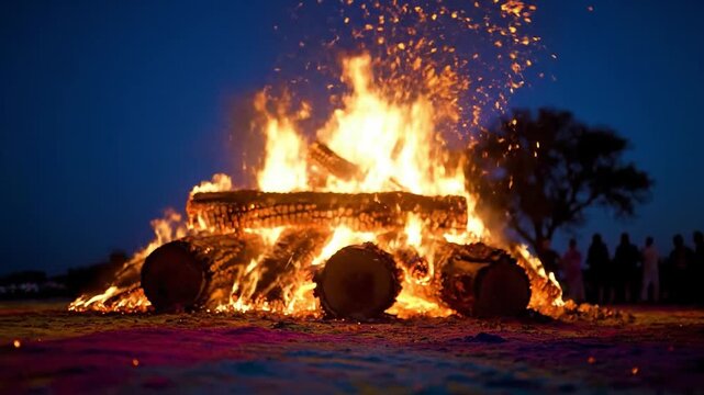People gather around a large bonfire during a traditional Holika Dahan celebration in India at night
