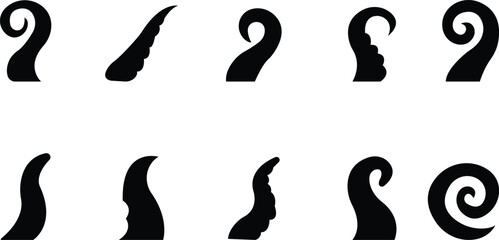 Octopus Tentacle Icon set, Vector Sea Monster Arm Silhouette, Kraken Tentacles Symbol, Curled octopus tentacles Marine Animal for Logo ultra sharp focus, sea life Tattoo, Game, Fantasy Design template © Rabia