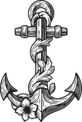 Fototapeta premium Vintage anchor with rope and flower nautical maritime symbol with detailed wood texture and floral decoration