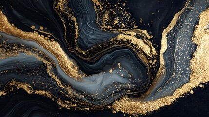 Fototapeta premium Black ink marbling texture with gold veins, luxury fluid art