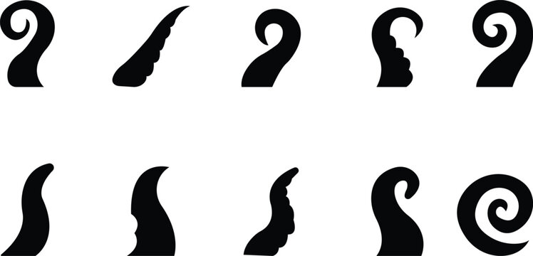Octopus Tentacle Icon set, Vector Sea Monster Arm Silhouette, Kraken Tentacles Symbol, Curled octopus tentacles Marine Animal for Logo ultra sharp focus, sea life Tattoo, Game, Fantasy Design template