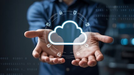 Hands cupped around a glowing cloud with security locks and binary code in a dark setting