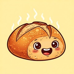Cartoon bread loaf with smiling face and warm steam on yellow background