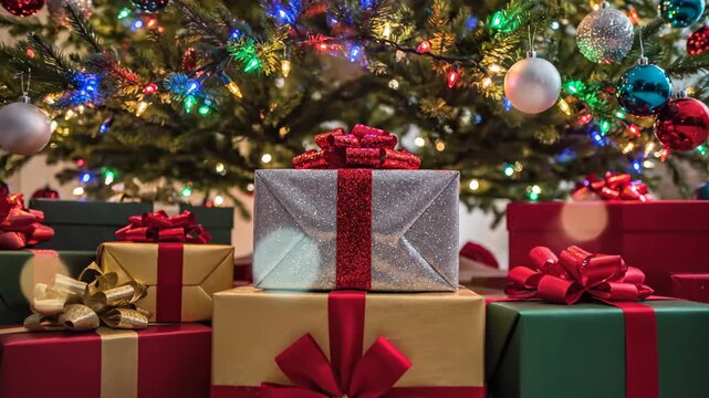 Low angle cinematic shot focused on several colorfully wrapped presents stacked neatly underneath a massive, glowing holiday Christmas tree background, surprise, stacked neatly