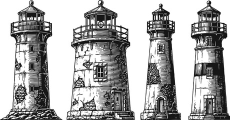 Obraz premium vintage lighthouse illustrations set coastal navigation towers with detailed stone and brick textures in black and white